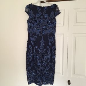Marina woman's blue lace embroidered sequins dress knee length size 8